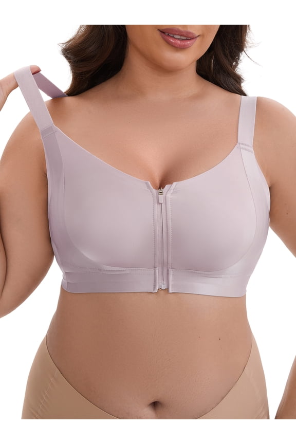 Women's Zip Front U-Neck Lift Up Wirefree Full Soft Cup Breathable Comfortable Sports Bras S Gray