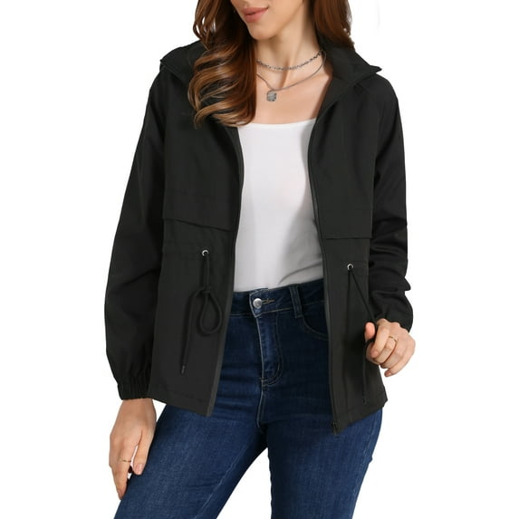 INSPIRE CHIC Women's Zip Front Windbreaker with Hood Lightweight Outdoor Hiking Hooded Jacket L Black