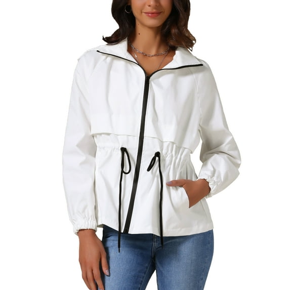 INSPIRE CHIC Women's Zip Front Windbreaker with Hood Lightweight Outdoor Hiking Hooded Jacket M White