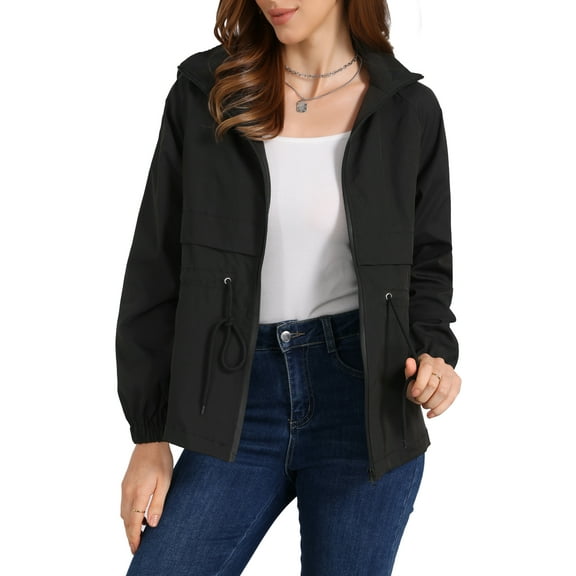 INSPIRE CHIC Women's Zip Front Windbreaker with Hood Lightweight Outdoor Hiking Hooded Jacket S Black