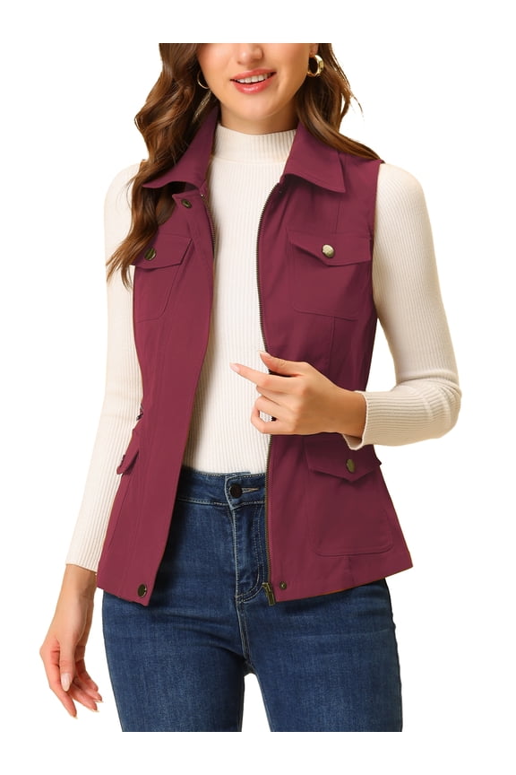 Women's Zip Up Jacket Sleeveless Anorak Utility Vest Jacket with Pockets S Wine Red