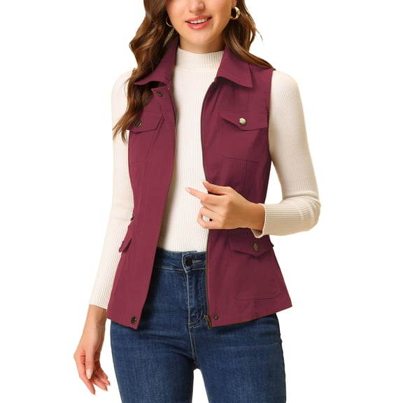 INSPIRE CHIC Women's Zip Up Jacket Sleeveless Anorak Utility Vest Jacket with Pockets XL Wine Red