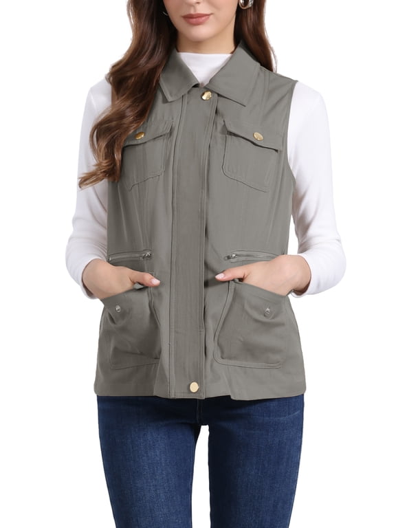 Women's Zip Up Jacket Sleeveless Anorak Utility Vest Jacket with Pockets L Dark Grey