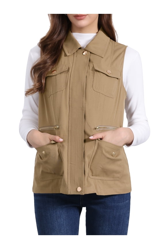 Women's Zip Up Jacket Sleeveless Anorak Utility Vest Jacket with Pockets L Dark Khaki