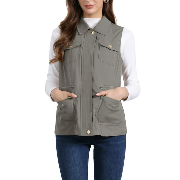 INSPIRE CHIC Women's Zip Up Jacket Sleeveless Anorak Utility Vest Jacket with Pockets XL Dark Grey