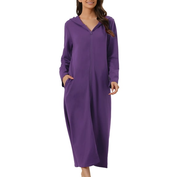 INSPIRE CHIC Women's Zip Up Nightgowns Long House Robe Long Sleeve Hooded Sweatshirt Loungewear with Pockets M Deep Purple