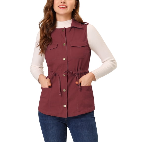 INSPIRE CHIC Women's Zip Up Vest Sleeveless Utility Anorak Outwear Cargo Jacket Drak Red M