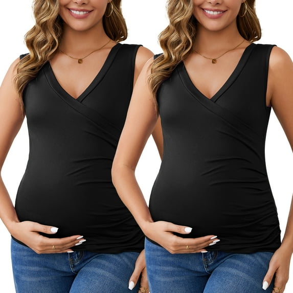 INSPIRE CHIC Women's Mother's Days 2 Pack Crossover Ruched Maternity Sleeveless Basic Shirt Breastfeeding Tank Nursing Tops Large 2pack Black