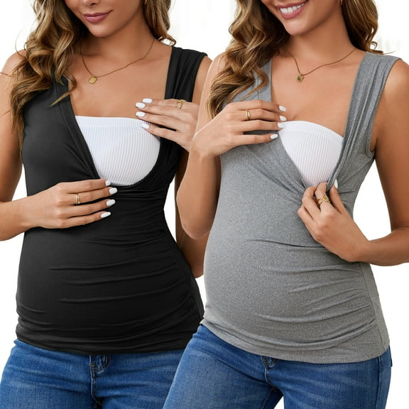 INSPIRE CHIC Womens 2 Pack Crossover Ruched Maternity Sleeveless Basic Shirt Breastfeeding Tank Nursing Tops Large Black&Gray