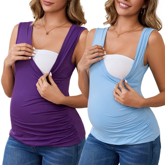 INSPIRE CHIC Womens 2 Pack Crossover Ruched Maternity Sleeveless Basic Shirt Breastfeeding Tank Nursing Tops Large Purple&Blue