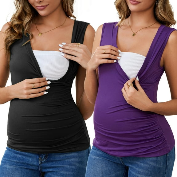 INSPIRE CHIC Womens 2 Pack Crossover Ruched Maternity Sleeveless Basic Shirt Breastfeeding Tank Nursing Tops Medium Black&Purple