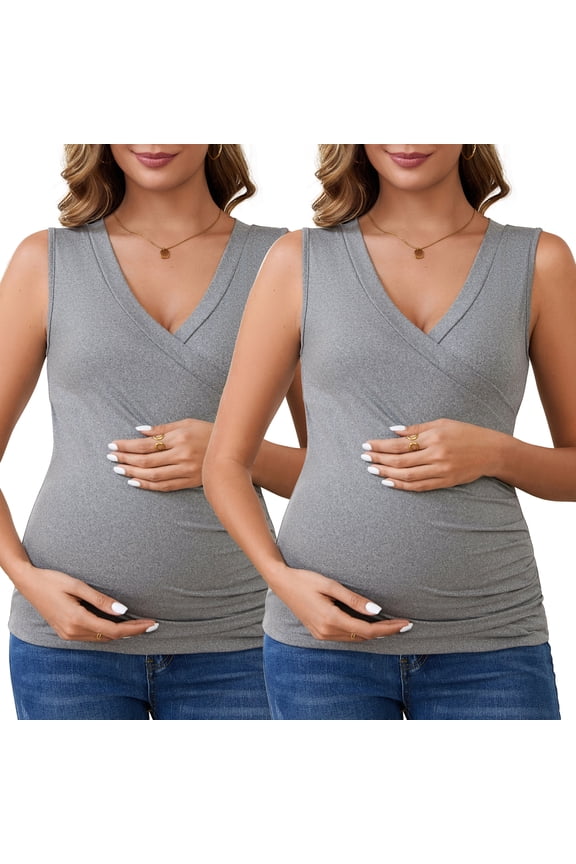 Women's 2 Pack Crossover Ruched Maternity Sleeveless Basic Shirt Breastfeeding Tank Nursing Tops Small 2pack Gray