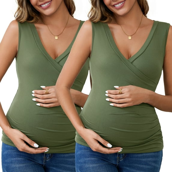 INSPIRE CHIC Women's Mother's Days 2 Pack Crossover Ruched Maternity Sleeveless Basic Shirt Breastfeeding Tank Nursing Tops X-Large 2pack Green