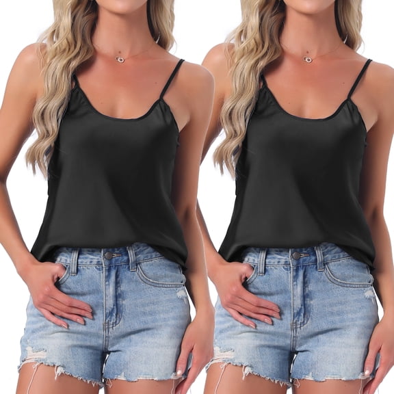 INSPIRE CHIC Womens 2 Pcs Satin Camisole Silky Pajama Tank Tops V Neck Soft Spaghetti Strap Loose Basic Sleepwear M Black & Green