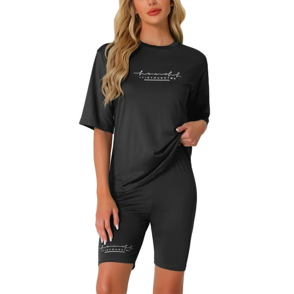 INSPIRE CHIC Women's 2 Piece Outfits Letter Printed Workout Short Sleeve T-Shirt Bodycon Shorts Lounge Sets XS Black