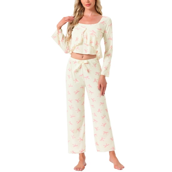 Womens Cami Pajama Set Tank Top Long Pants Long Sleeve Cardigan 3 Piece Loungewear Sets XS White and Pink Bow
