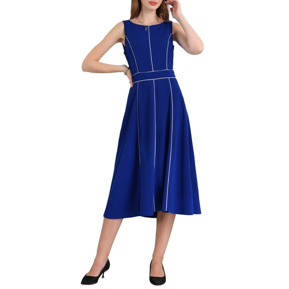 INSPIRE CHIC Womens A-Line Sleeveless Dress Contrast Trim Wear to Work Cocktail Fit & Flare Dresses XL Royal Blue