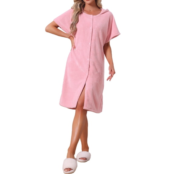 INSPIRE CHIC Women's Bath Robe Terry Towels Body Wearable Button Down Short Sleeve Cover Up Beach Shower Bathrobe 2XL Pink