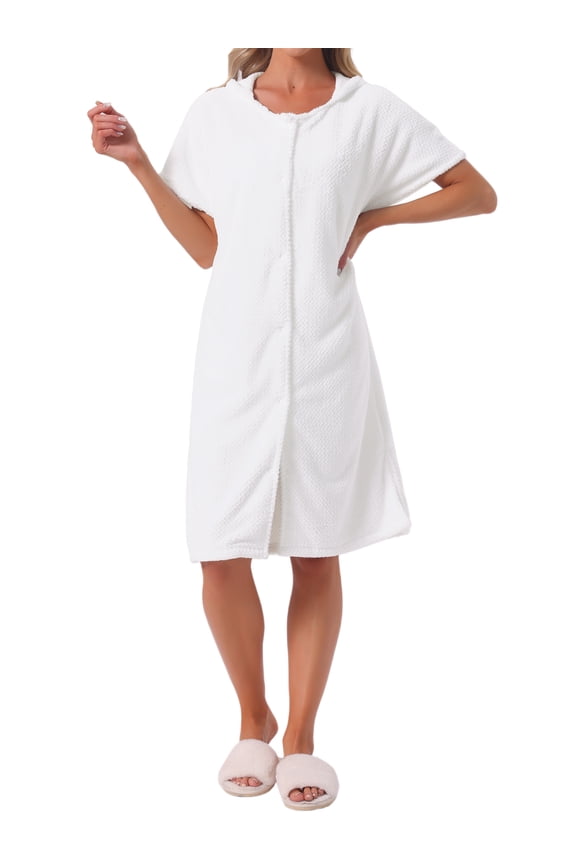 Women's Easter Bath Robe Terry Towels Body Wearable Button Down Short Sleeve Cover Up Beach Shower Bathrobe M White