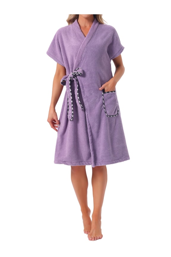 Womens Bath Wrap Towel Dress Terry Wrap Bathrobe Tie Spa Gym Shower Robe with Pockets S Purple