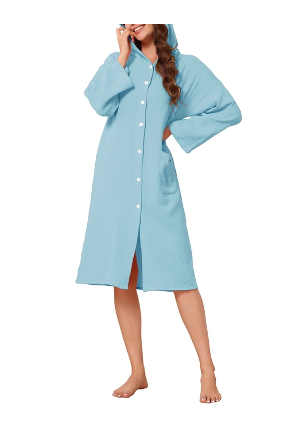 Womens Bathrobe Wearable Hooded Button Down Robe with Pocket Lighweighted Cotton Mid-Length Pajama Robe L Blue