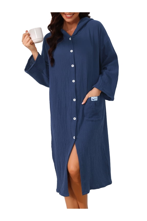 Womens Bathrobe Wearable Hooded Button Down Robe with Pocket Lighweighted Cotton Mid-Length Pajama Robe S Navy