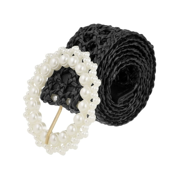 REFINED ATTIRE Womens Braided Woven Hollow Out Belts, 1.6" Width Wide Pearl Buckle Bohemian Waistband for Dress 42.5x1.6"(LxW) Black