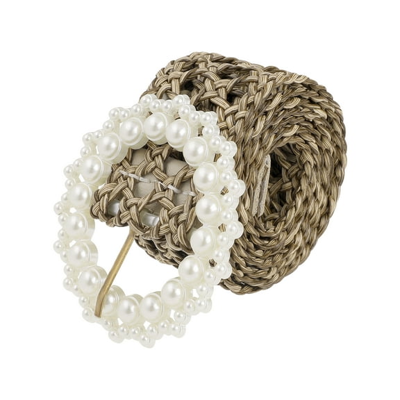 REFINED ATTIRE Womens Braided Woven Hollow Out Belts, 1.6" Width Wide Pearl Buckle Bohemian Waistband for Dress 42.5x1.6"(LxW) Khaki