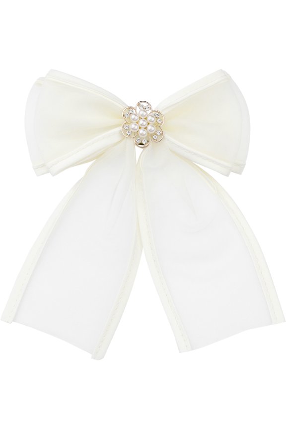 Womens Brooch Clip Mesh Flower Beads Rhinestone Solid Color Bow Tie Beige