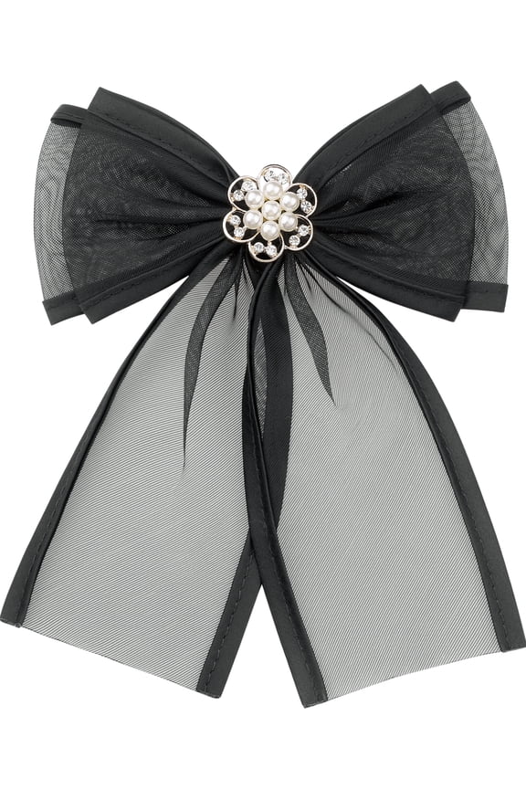 Womens Brooch Clip Mesh Flower Beads Rhinestone Solid Color Bow Tie Black