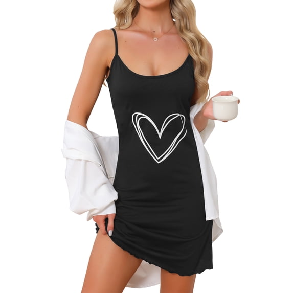 INSPIRE CHIC Women's Cami Nightgown Bow Print Cute Summer Sleeveless Nightdress Chemise Sleepwear Camisole Nightshirt M Black Heart