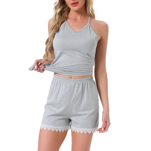 INSPIRE CHIC Womens Cami Pajamas Lace Trim V Neck 2 Piece Sleepwear Lingerie Tank Top with Shorts Loungewear Sets L Gray