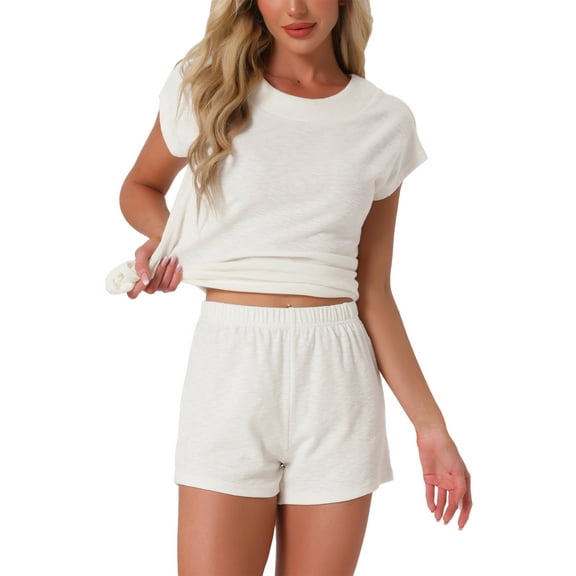 INSPIRE CHIC Womens Cap Sleeve Pajamas Tops with Shorts 2 Piece Soft Round Neck Casual Pjs Loungewear Sets XS White