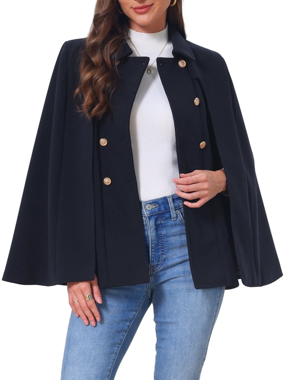 Womens Cape Coat Winter Vintage Double Breasted Slit Sleeve Elegant Cloak Outwear Coats with Pockets L Navy
