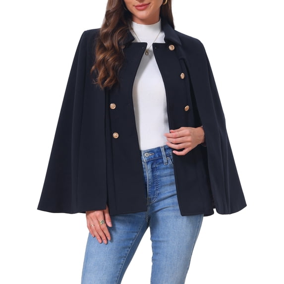 INSPIRE CHIC Womens Cape Coat Winter Vintage Double Breasted Slit Sleeve Elegant Cloak Outwear Coats with Pockets XS Navy