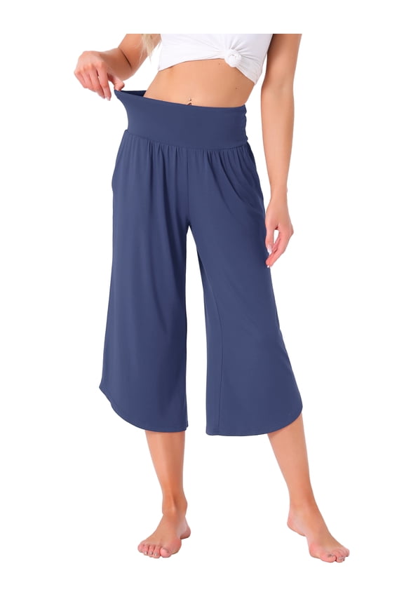 Women's Wide Leg Lounge Yoga Pants with Pockets Casual Cropped Capri Workout Sweatpants M Navy