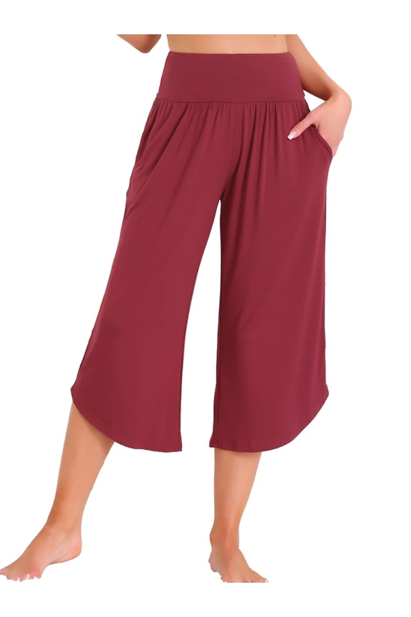 Women's Wide Leg Lounge Yoga Pants with Pockets Casual Cropped Capri Workout Sweatpants XL Wine Red