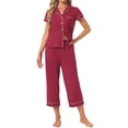 thumbnail image 1 of INSPIRE CHIC Women's Capri Pajamas Short Sleeve Button Down Tops with Pants 2 Piece Sleepwear Lounge Set with Pockets S Red, 1 of 6