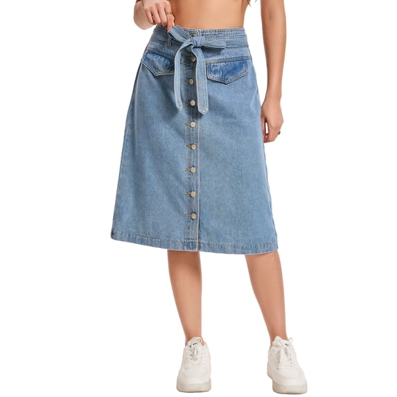 INSPIRE CHIC Womens Casual Denim Skirt Button Down Belted Below Knee Length Jean Skirts 2XL Light Blue