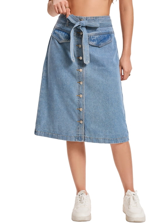 Womens Casual Denim Skirt Button Down Belted Below Knee Length Jean Skirts M Light Blue