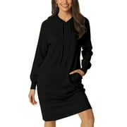 INSPIRE CHIC Womens' Casual Pullover Sweatshirt Long Sleeve Hoodie Midi Dress with Pockets S Black