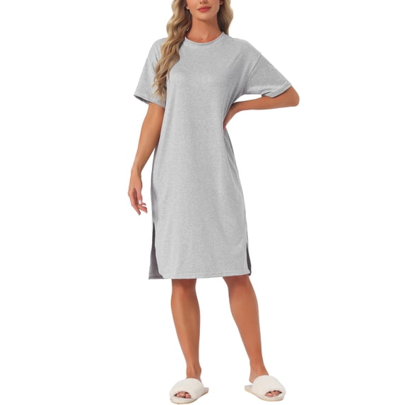 INSPIRE CHIC Women's Casual Summer Pajama Dress Loose Fit Nightshirts Short Sleeve Sleepwear Split Midi Nightgowns M Gray
