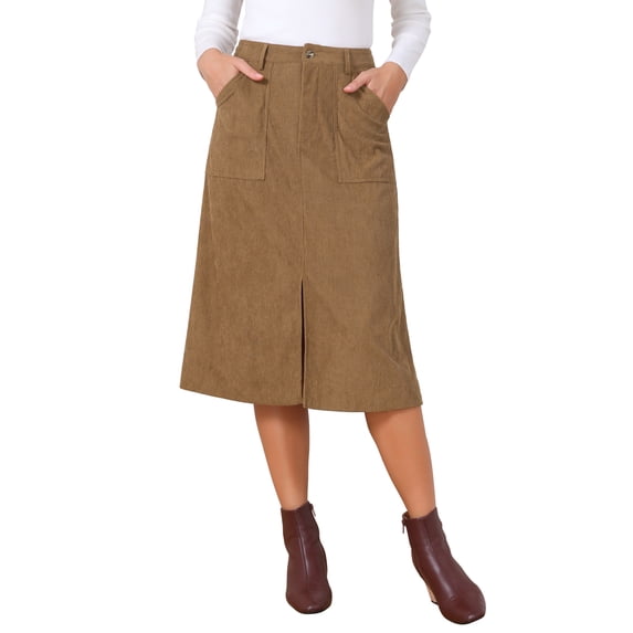 Womens Corduroy Midi Skirt High Waist A-Line Split Front Casual Fall Winter Long Skirts with Pockets L Brown