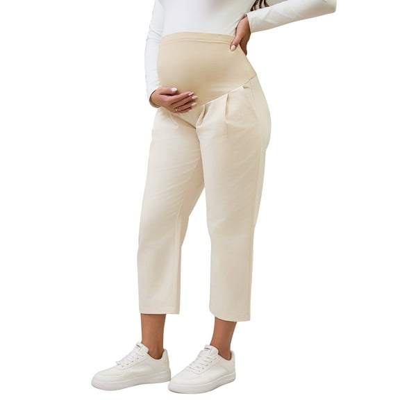 INSPIRE CHIC Womens Cotton Maternity Pants Pleated Over Belly Straight Elastic Waist with Pocket Slack Pregnancy Lounge 2XL Beige