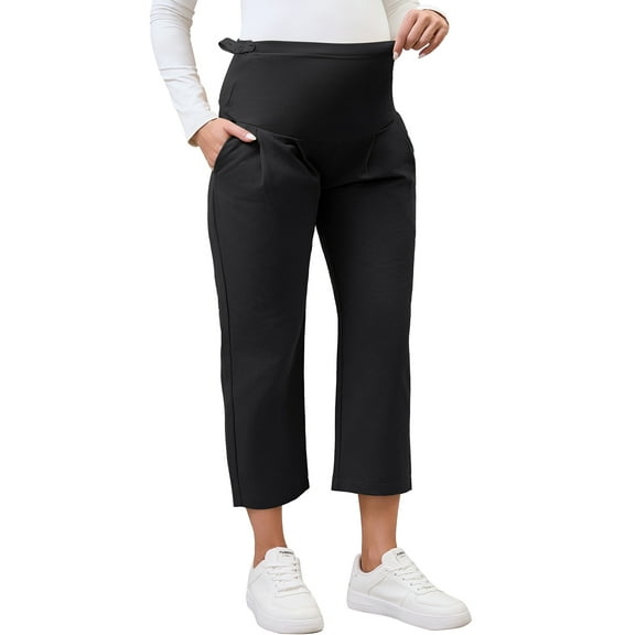 INSPIRE CHIC Womens Cotton Maternity Pants Pleated Over Belly Straight Elastic Waist with Pocket Slack Pregnancy Lounge 2XL Black