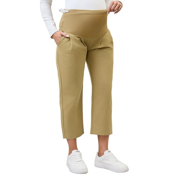 INSPIRE CHIC Womens Cotton Maternity Pants Pleated Over Belly Straight Elastic Waist with Pocket Slack Pregnancy Lounge S Khaki