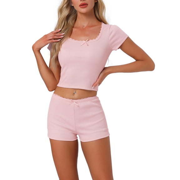 INSPIRE CHIC Women's Cotton Pajama Sets Lace Trim Short Sleeve Top and Shorts Lounge Set S Pink
