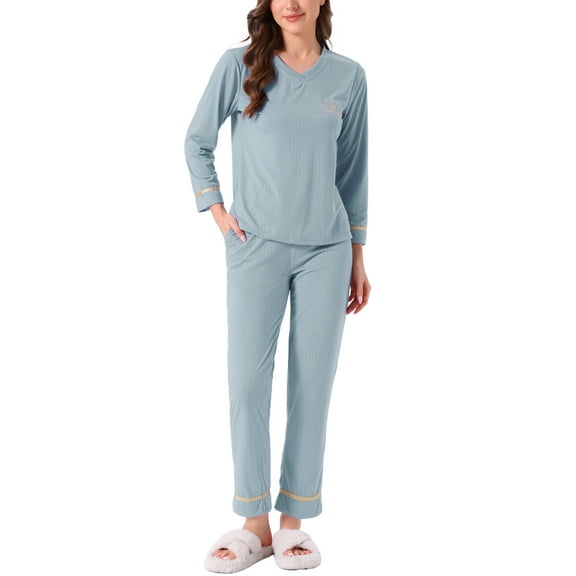 INSPIRE CHIC Womens Cotton Pajamas Ribbed Sleepwear Pullover Tops with Pants Lounge Sets with Pockets L Blue