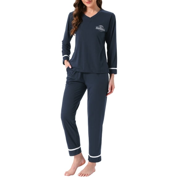 INSPIRE CHIC Womens Cotton Pajamas Ribbed Sleepwear Pullover Tops with Pants Lounge Sets with Pockets M Navy