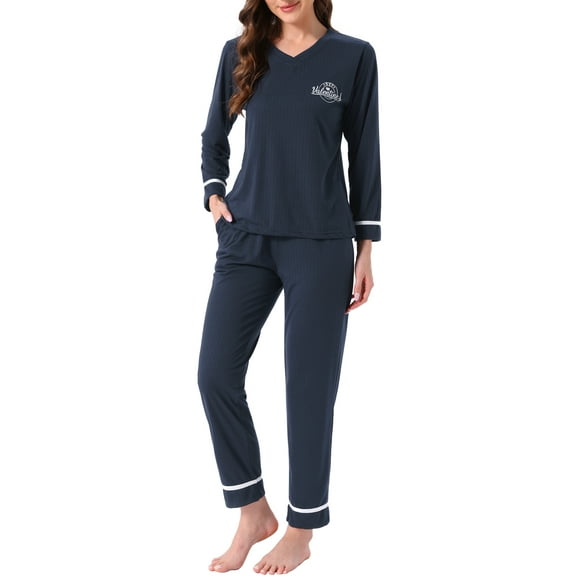 INSPIRE CHIC Womens Cotton Pajamas Ribbed Sleepwear Pullover Tops with Pants Lounge Sets with Pockets XS Navy
